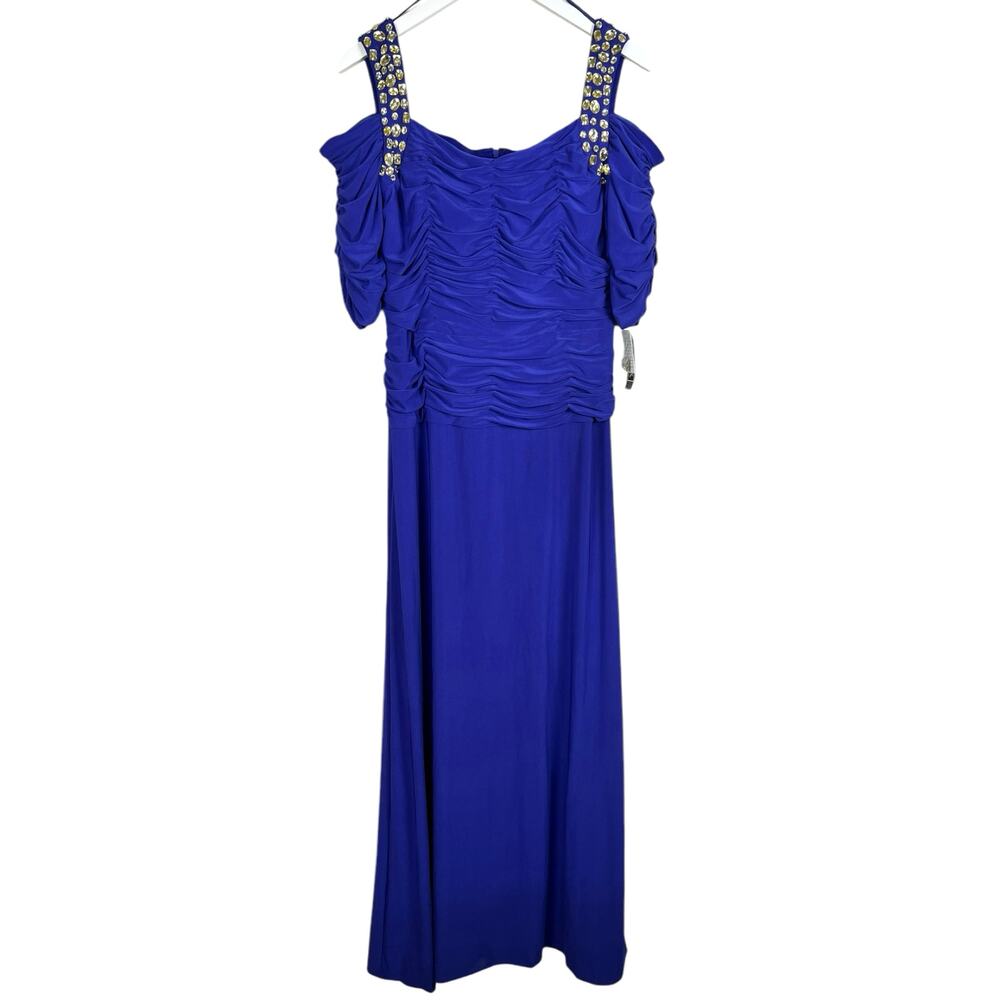 Alex Evenings Plus Size 14 Cobalt Blue Cold Shoulder Embellished Ruched Gown NWT - Picture 6 of 14